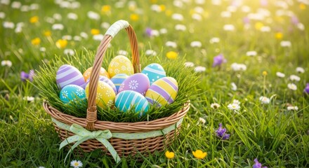 Easter basket with colorful decorated eggs nestled in green grass outdoors in sunlight