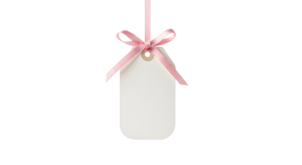 Blank white hanging gift tag label with pink ribbon bow for commercial template isolated PNG with Transparent Background