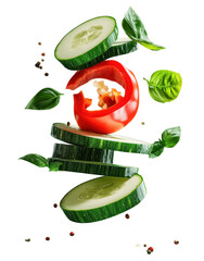 A display of fresh vegetables. featuring sliced cucumbers. red bell pepper. and basil leaves. artistically arranged in mid-air against a bright green background. perfect for culinary or health-related