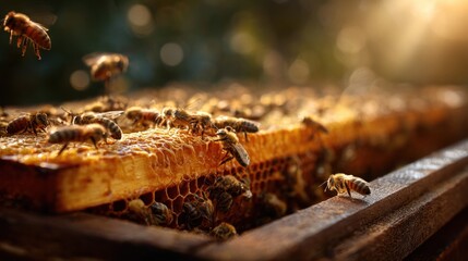 Honey bees walking on open hive frame in sunlight	