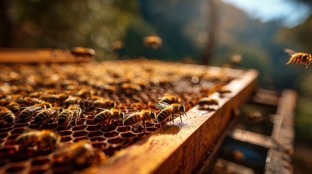 Close up bees crawling on wooden hive frame with fresh honeycomb