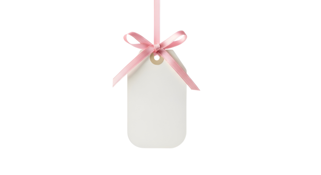 Blank white hanging gift tag label with pink ribbon bow for commercial template isolated PNG with Transparent Background