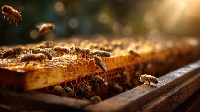 Honey bees walking on open hive frame in sunlight