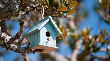 Light blue wooden birdhouse hanging on tree branch in garden