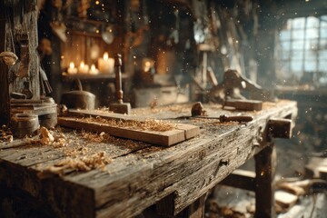 Vintage carpentry workbench with hand tools nostalgic craft