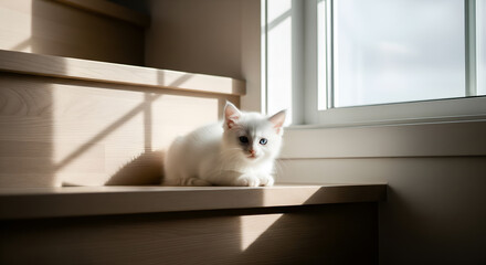 Adorable White Kitten with Blue Eyes Sitting on Sunny Wooden Stairs