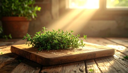 Fresh herbs on wooden cutting board
