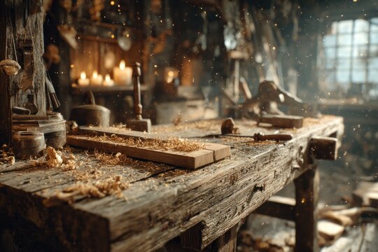 Vintage carpentry workbench with hand tools nostalgic craft - Powered by Adobe