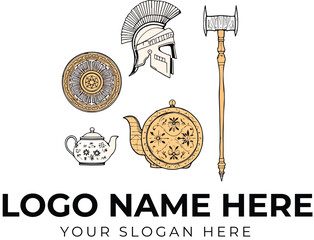 Heritage artifact logo set with shield, helmet, axe, teapot, and kettle in gold and grayscale for cultural branding
