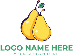 Yellow pear logo vector with green leaves and dark blue outline for food, health, or agriculture branding