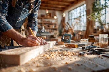 Carpenter measuring smooth oak wood detailed professional