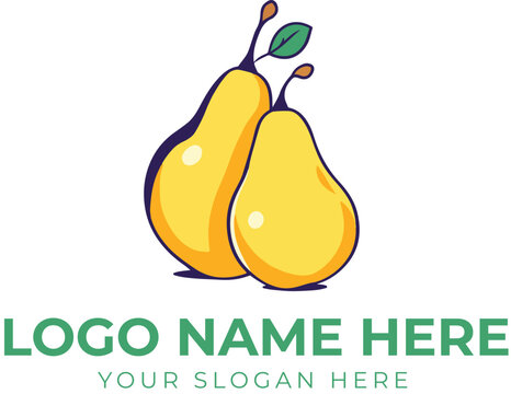 Yellow pear logo vector with green leaves and dark blue outline for food, health, or agriculture branding