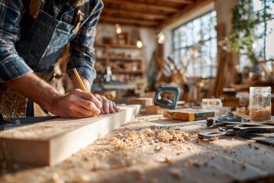 Carpenter measuring smooth oak wood detailed professional