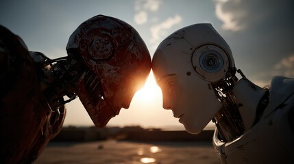 A poignant moment between two humanoid robots, their head touching in a scene that evokes emotion and connection. The sunset backdrop enhances the theme of unity and technology's future.