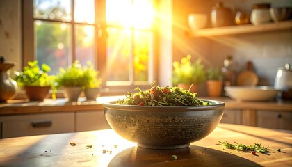 Fresh salad in sunlight on kitchen table
