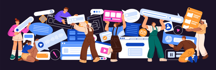Designers create together. People redesign UI UX design with elements. Creative team updates digital interface of web and mobile app. Teamwork development concept. Flat isolated vector illustration.