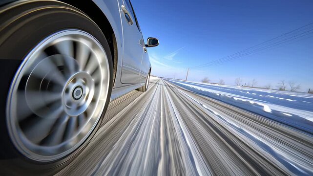 Cinematic shot of high-performance, fresh winter tires as a car navigates a snow-covered road