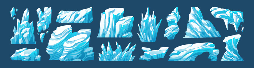 Iceberg set. Ice bergs and blocks of frozen water with different shapes. Blue glaciers, tops of snow mountains and floes. Peaks of North rocks, crystal cliffs. Flat isolated vector illustrations.