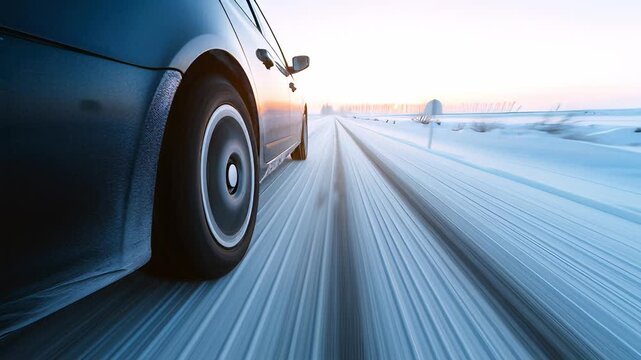 Snow covered road with active winter tires. Close up capture