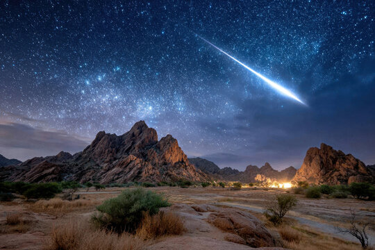 Starry night sky with shooting star over desert mountains - Powered by Adobe
