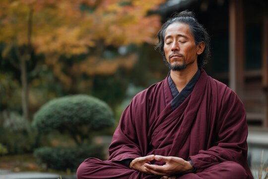 Monk practicing meditation in peaceful garden