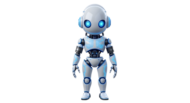 Cute little robot character 3D render representing AI and future technology assistant. isolated PNG with Transparent Background