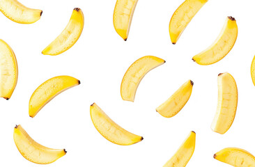 A arrangement of yellow banana slices scattered artistically on a clean white background. ideal for food photography. healthy lifestyle concepts. or culinary presentations