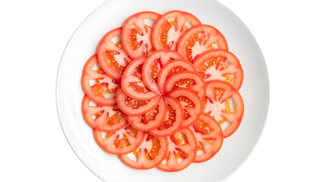 Decorative fresh red tomato slices arranged like a flower on a white culinary plate isolated PNG with Transparent Background
