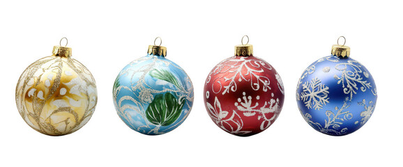 A collection of four beautifully decorated Christmas ornaments featuring intricate designs in gold. blue. red. and green. set against a clean white background. perfect for holiday decoration themes