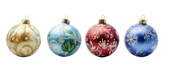 A collection of four beautifully decorated Christmas ornaments featuring intricate designs in gold. blue. red. and green. set against a clean white background. perfect for holiday decoration themes
