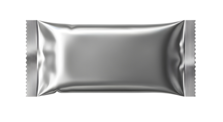 Blank silver metallic foil snack sachet packaging mockup isolated for product design template isolated PNG with Transparent Background