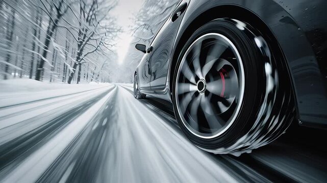 Fresh winter tires gripping snowy roadway. Car in action close up