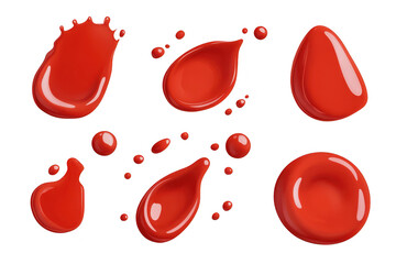 A collection of red paint droplets and splashes on a clean white background. various shapes and sizes. ideal for artistic projects. design elements. or creative presentations