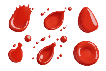A collection of red paint droplets and splashes on a clean white background. various shapes and sizes. ideal for artistic projects. design elements. or creative presentations