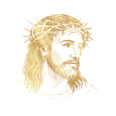 Golden Portrait Jesus Christ isolated on white background freehand.