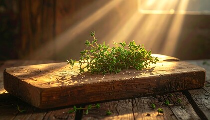 Fresh thyme sprigs on wooden cutting board