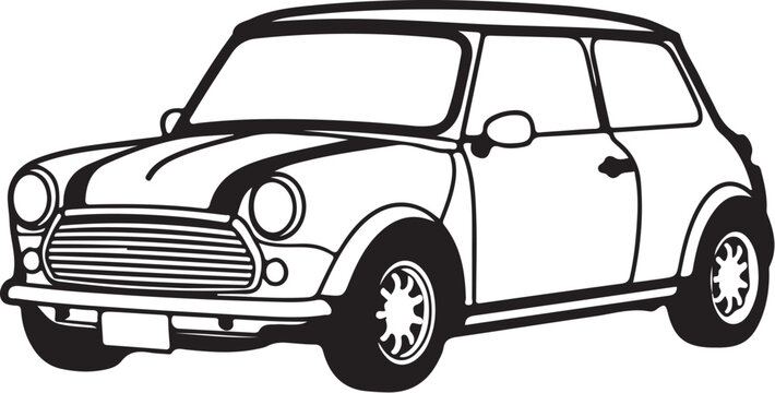 Classic mini cooper silhouette icon with racing stripes on white background