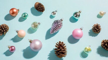 The flat layout showcases a series of brightly colored decorative Christmas ornaments, natural pine cones, and seasonal foliage, arranged against a soft background, leaving ample space for text.