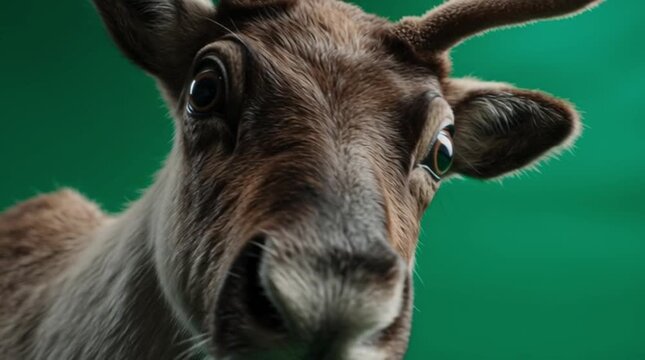 A comical close-up portrait of a taxidermy reindeer with wide, surprised eyes against a solid green screen background