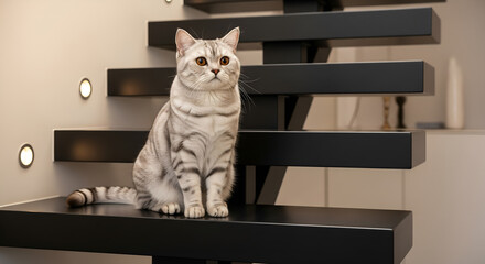 Silver Tabby Cat Sitting on Modern Black Floating Stairs in a Minimalist Home