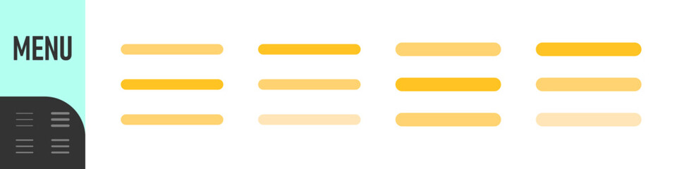 Hamburger Menu icon set featuring three horizontal lines in in color versions, ideal for navigation drawers, mobile interfaces, hidden menus, and UI toggles