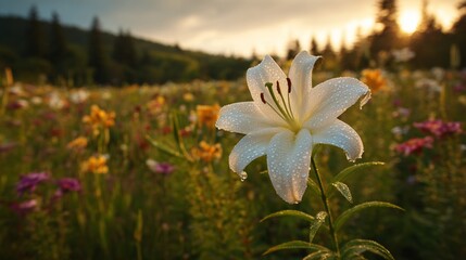 Lily blooms in floral meadow at sunset, dew-kissed petals glow