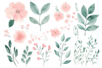 A collection of delicate watercolor floral illustrations featuring pink flowers and green leaves. ideal for use in design projects. invitations. or decorative elements. set against a clean white backg