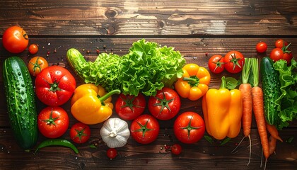 Fresh vegetables arranged on wooden surface