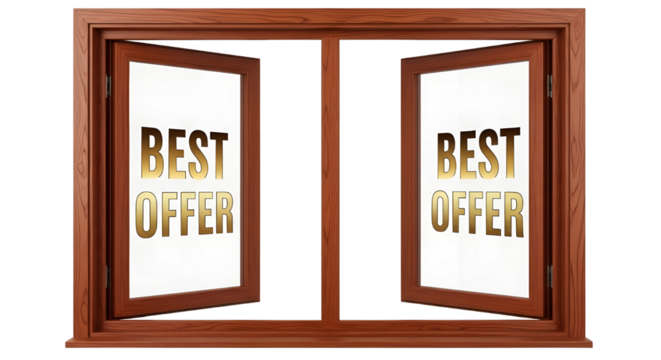 Open wooden window frame displaying BEST OFFER promotional text for real estate sales. isolated PNG with Transparent Background