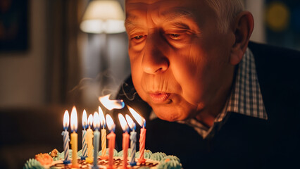 Elderly man blowing out candles on birthday cake in cozy setting  