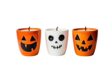 A festive display of three Halloween-themed candles featuring playful designs a grinning jack-o-lantern. a spooky skull. and a classic pumpkin. set against a clean white background