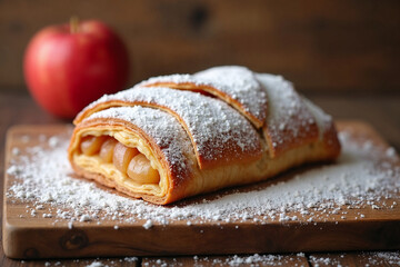 Fresh Apple Strudel: Delicious Pastry with Powdered Sugar on Cutting Board