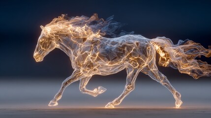 A glowing horse made of luminous flowing light runs gracefully across a dark blue background. Its transparent, fluid body radiates golden highlights, creating the impression of molten energy