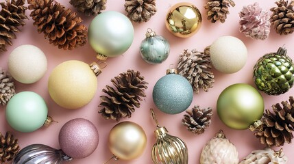 The flat layout showcases a series of brightly colored decorative Christmas ornaments, natural pine cones, and seasonal foliage, arranged against a soft background, leaving ample space for text.